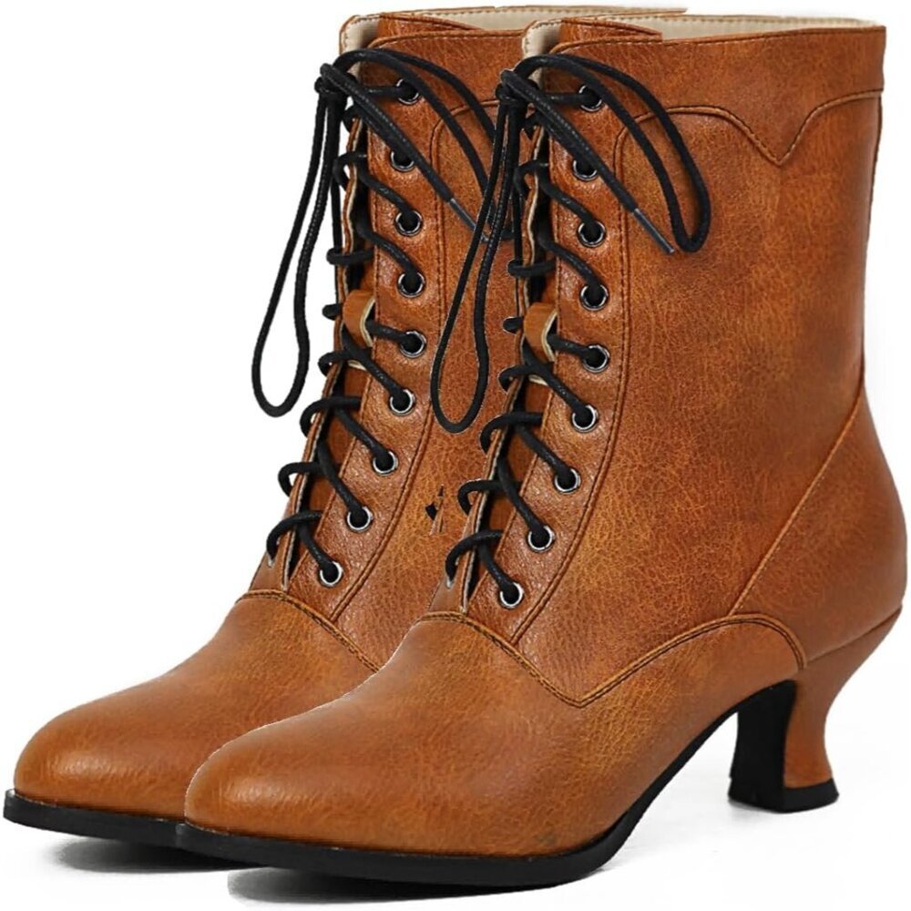 Women's Victorian Ankle Boots Mid Calf Round Toe Boots With Chunky Heel Brown
